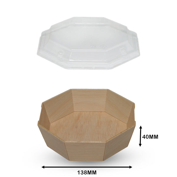 OCTAGON WOODEN VENEER BOWL WITH CLEAR LID 485ML