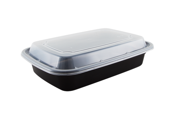 HR-28 Rectangular Takeaway Meal Container Black (800ml PP) with Clear Lid